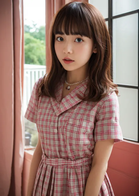 (solo),1girl,(tareme:1.2), (wear a  school uniform:1.3), (kawaii), (sepia hair,  bangs hair:1.2),
dress, ribbons,hair ribbon, hair ornament,hair flower, evil, looking at viewer, pink headwear,red eyes,symbol-shaped pupils, short sleeves, puffy sleeves, ban...