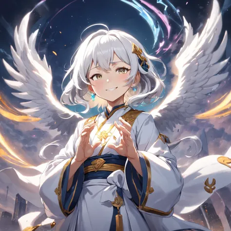 Altruistic banker woman, game character, full body, 80 years old, power of prayer, overflowing with kindness, smiling, white hair, 8K, masterpiece, white background