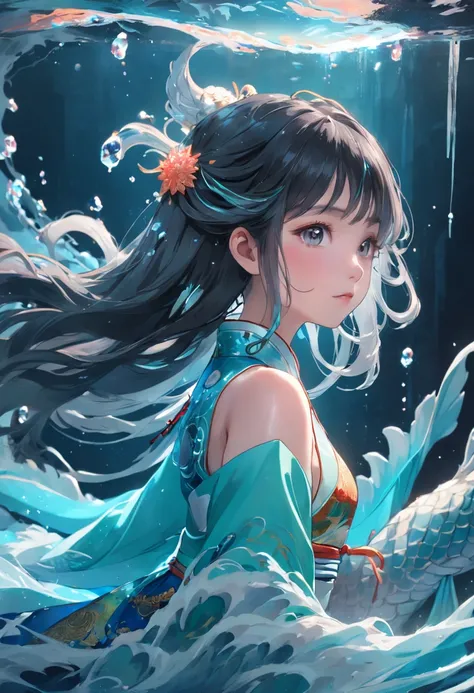 ((Masterpiece,Best quality)),(1girll, Solo:1.4),美丽细致的眼睛，floated hair，Under the water，Buble，Fluorescence，Water made up of girls，Gorgeous Chinese costumes,clean backdrop，National tide wind，​​clouds，wave，Eau，wave，Water Technique，1girll，Flying long hair，floral...