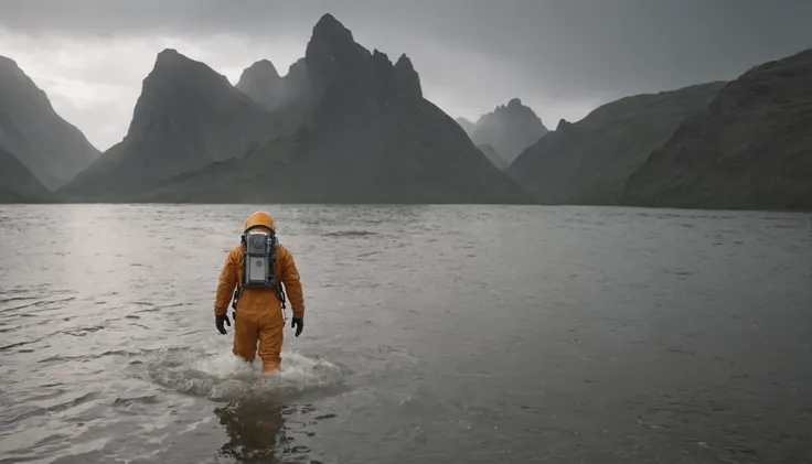 Matthew McConaughey in Interstellar, cosmonaut suit, walking on water scene, intricate details, epic scene, photography, cinematic lighting, volumetric lighting, etheral light, extremely detailed, volumetric rays