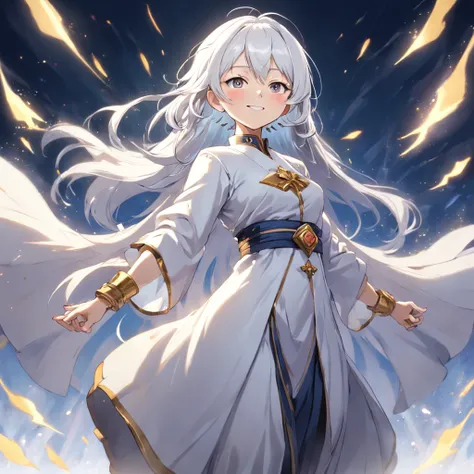 Altruistic banker woman, game character, ((full body)), 80 years old, power of prayer, overflowing with kindness, smiling, white hair, 8K, masterpiece, white background