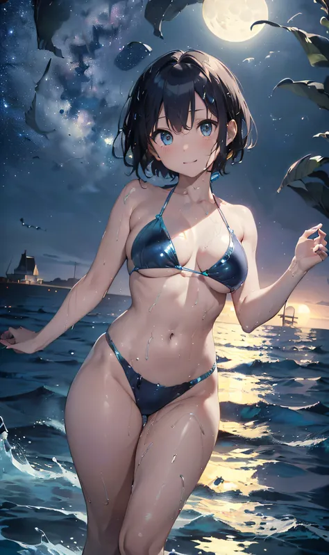 (Master masterpiece、The ultra -The high-definition、extremely fine and beautiful、Ultra-high power of 8 kilometers:2)、(Girl getting wet:1.4)、(looking at another:2)、(Clarity Metallic Blue Bikini:2)、(Transparent skin:1.6)、(short tail hair:1.8)、(Beautiful eyes:...