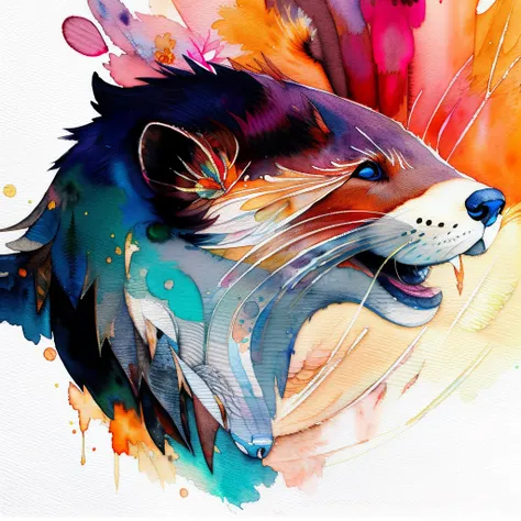 wtrcolor style, cartoon of (otter character), official art, frontal, smiling, masterpiece, Beautiful, ((watercolor)), face paint, paint splatter, intricate details. Highly detailed, detailed eyes, [dripping:0.5], Trending on artstation, by Rachel Walker