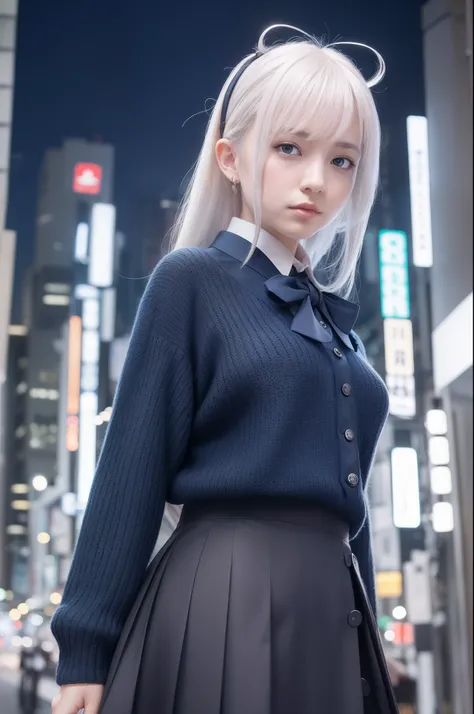 (8k, RAW photo, best quality, masterpiece:1.3),(realistic,photo-realistic:1.37),(night),(looking at viewer:1.331),(white hair),posing,Tokyo street,nightcityscape, cyberpunk city,soft light,1girl,extremely beautiful face,bust,put down hands,Random hairstyle...