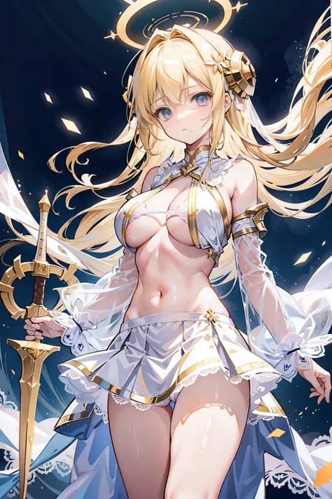 A girl with a halo on her head floats in the air，Holding a giant sword in his hand。，huge tit，Blonde hair，Golden glowing eyes，divino，Misty，ribbon，Fog surrounds，sunny clear sky，extreme hight detail，White lace underwear，Show off white lace panties，Miniskirt，e...