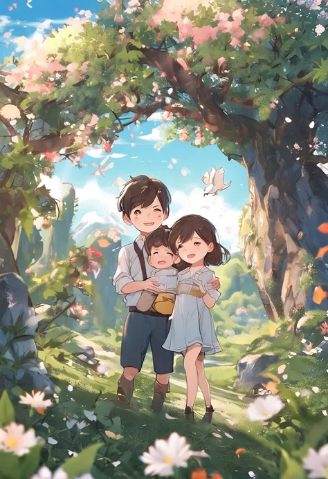 offcial art, Extremely detailed Cg Unity 8K wallpaper, in a spring, Cloudy, Sun, sky, on a grassy field, Beautiful detailed sky, landscape, flower  field, art book, Chinese, incredibly_absurderes, Huge_filesize, absurderes, Little boy, Little girl, tchibi,...