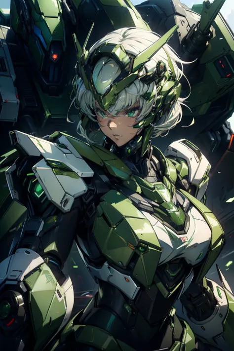 a close up of a woman in a green and white outfit holding a large robot, anime mecha aesthetic, girl in mecha cyber armor, strea...