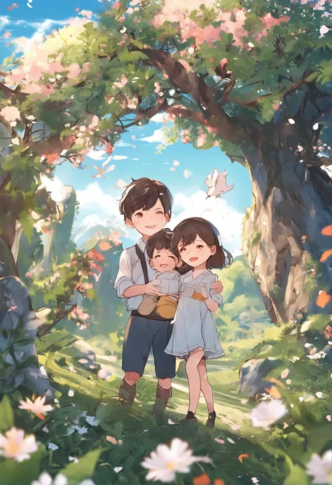 offcial art, Extremely detailed Cg Unity 8K wallpaper, in a spring, Cloudy, Sun, sky, on a grassy field, Beautiful detailed sky, landscape, flower  field, art book, Chinese, incredibly_absurderes, Huge_filesize, absurderes, Little boy, Little girl, tchibi,...