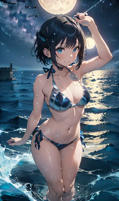 (Master masterpiece、The ultra -The high-definition、extremely fine and beautiful、Ultra-high power of 8 kilometers:2)、(Girl getting wet:1.4)、(looking at another:2)、(Clarity Metallic Blue Bikini:2)、(Transparent skin:1.6)、(short tail hair:1.8)、(Beautiful eyes:...