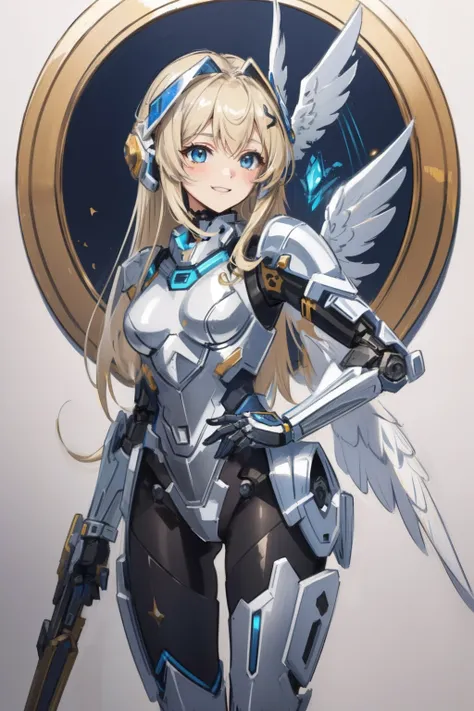 (​master piece, Best Quality),  Intricate details, valkyrie, happy smile, laugh, 
1girl in, Solo, portrait, Tentacle ash blonde hair, mini wings, single thighhigh, Independent single sleeve, gloves,
 mecha musume, Droid, mechs, Silver Bodysuit, fortified s...