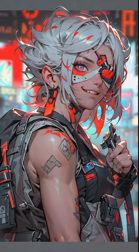 (1 beautiful woman)、(Very huge muscles)、(Unusually large muscles)、(Red cyberpunk military uniform all over the body:1.3)、(Red aura emanating from clothes:1.5)、(Military equipment:1.2)、(White hair)、(an eye patch:1.3)、(30-years old)、(confident grin:1.2)、(Dar...