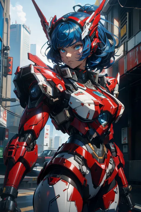 a close up of a woman in a red and white outfit holding a large robot, anime mecha aesthetic, girl in mecha cyber armor, streaml...