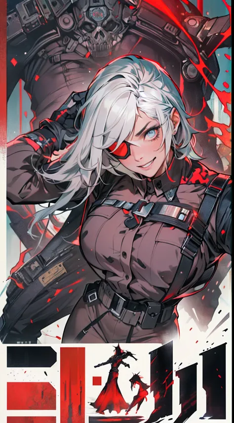 (1 beautiful woman)、(Very huge muscles:1.5)、(Unusually large muscles)、(Red cyberpunk military uniform all over the body:1.3)、(Red aura emanating from clothes:1.5)、(Military equipment:1.2)、(White hair)、(an eye patch:1.3)、(30-years old)、(confident grin:1.2)、...