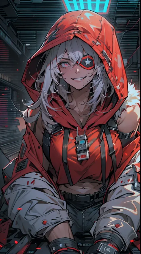 (1 beautiful woman)、(Very huge muscles:1.5)、(Unusually large muscles)、(Red cyberpunk hooded military uniform all over body:1.3)、(Red aura emanating from clothes:1.5)、(Military equipment:1.2)、(White hair)、(an eye patch:1.3)、(30-years old)、(confident grin:1....