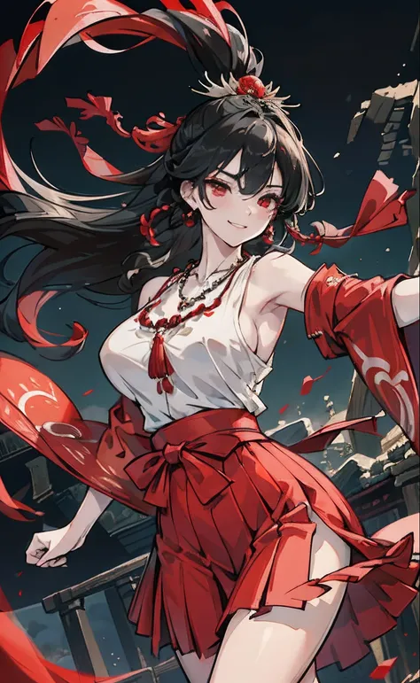 Sexy teenager，Colossal tits，Hair Accessories and Necklaces，8K分辨率，top-quality，hyper HD，extreme hight detail，ancient environment，the night，Top Design，Red Hakama，Dynamic lens，Texture，Ancient wind,A smile,dance