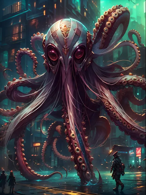 Invading aliens，uncanny，Octopus tentacles，Full body like，combats，The city was destroyed，of a real，Facial features are carefully depicted，Realistic skin texture，Dark style，depth of fields，high light，Real light，Ray traching，oc rendered，Hyper-realistic，best q...