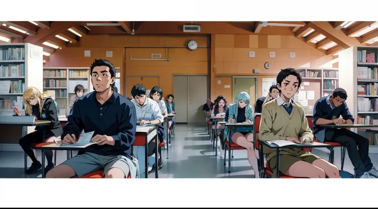 Anime scenes, students in the exam room