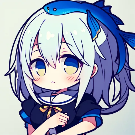 fish on the head, solo, 1 girl, looking at viewer, upright, concept art, white background, simple background, white hair, gradient hair, short sleeves, watercolor pencil, expressionless, blush, virtual youtuber