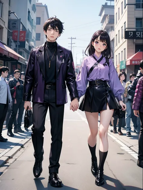 1 boy, 1 girl, couple, girl wearing a leather skirt and purple shirt, boy wearing a korean fashion, holding hands, looking at you, high-resolution, 8k masterpiece