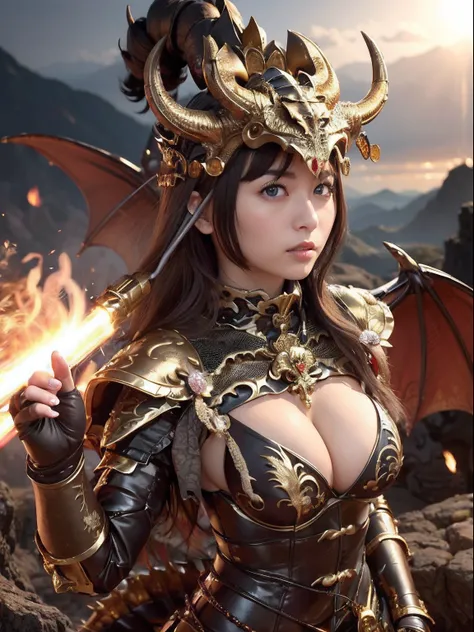 Professional , ​masterpiece、top-quality、photos realistic , depth of fields 、（Dragon Black Metal Body:1.９),(Mattretto、（cleavage of the breast）、Dragon Gold Weapon、（Micro Bikini Armor:1.４),Gorgeous gold weapons ,Particles of light、Particles of light、（（ Dragon...