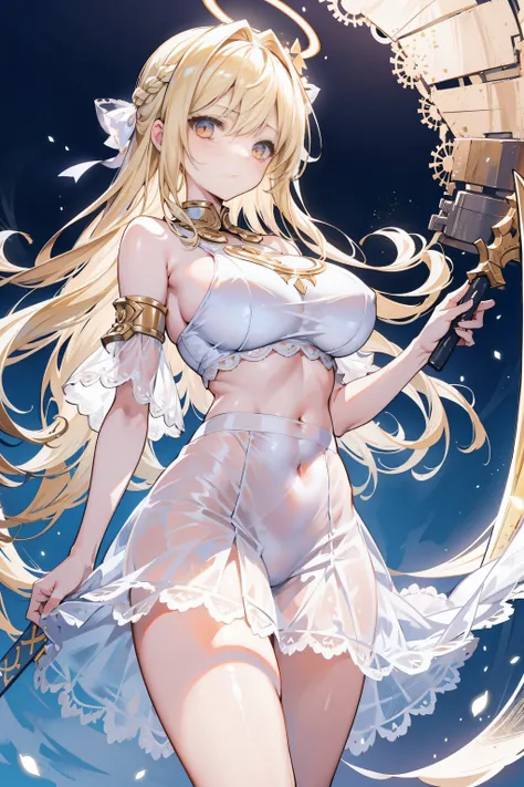 A girl with a halo on her head floats in the air showing white lace thong panties，Holding a giant sword in his hand。，huge tit，Blonde hair，Golden glowing eyes，divino，Misty，ribbon，Fog surrounds，sunny clear sky，extreme hight detail，White lace underwear，Minisk...