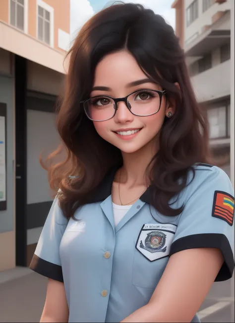 Uma jovem garota de 10 anos morena , cabelos pretos liso, black eyes with glasses smiling, olhando para o espectador , com uniforme escolar , imagem realista hd 8k,