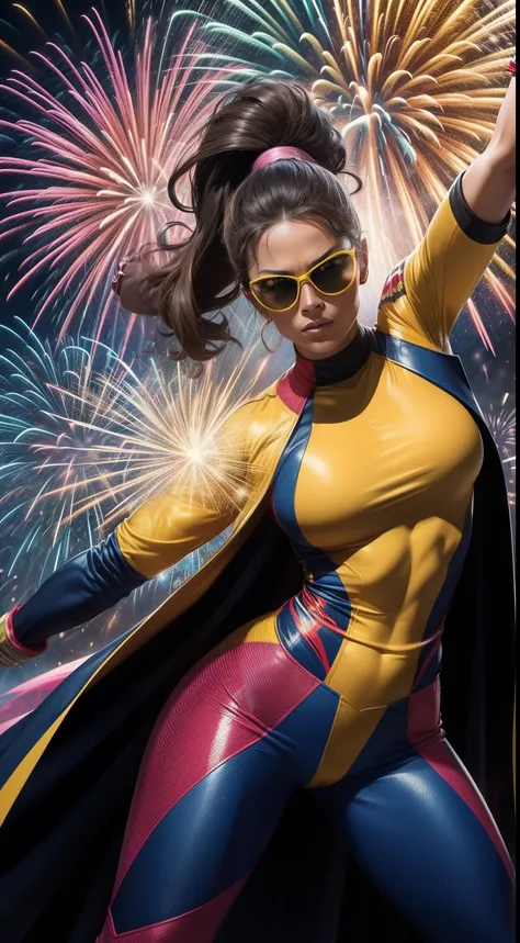 "Full-length portrait of the mutant Jubilee in a dynamic and powerful pose with raised hands generating multi-colored fireworks. She is wearing her classic yellow outfit with pink sunglasses and a ponytail. Her athletic body is seen in motion as bright fir...