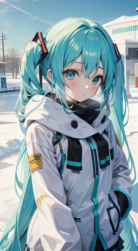 Hatsune Miku small，Winters，snowflower，Thick clothes，full bodyesbian，snowfield，Skysky，Lateral face