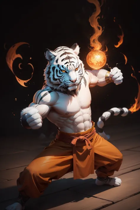 monk, humanoid, ember, frontal view, kung fu, White Tiger, The Way of the Drunken Master, stands, combat stance, without objects in hand, Furry