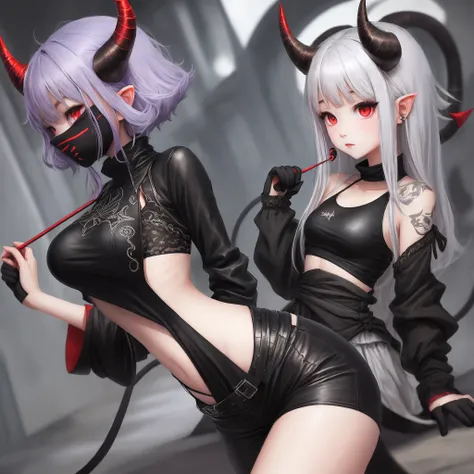 Skinny girl demon horn black clothes