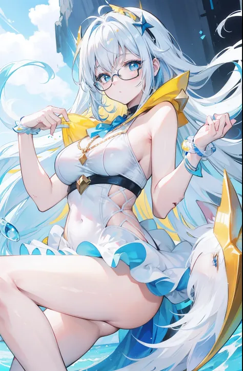 Milky white pale bluish yellow hair，Blue-pink pupils，Black thick-rimmed glasses，Yellow, Blue and white clothes，Super nice looking, Particularly sweet and cute female Aquaman，Many people are willing to do his licking dog