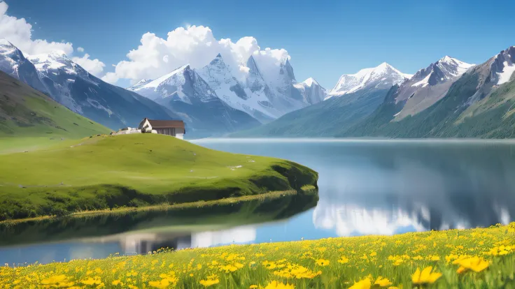 Summer, meadows, few small flowers, clear lakes, sheep, heaven, large clouds, blue sky, hot weather, HD detail, wet watermark, hyper-detail, cinematic, surrealism, soft light, deep field focus bokeh, distant view is snowy mountains, ray tracing, and surrea...