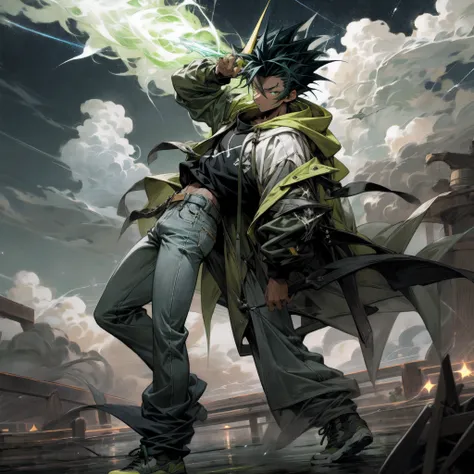 (masterpiece), best quality, 1boy, teenager, shounen, protagonist, light skin, black spiked hair, spiked hair,, one horn, curved horn, glowing green eyes, lightning coming out of eyes, green hoodie, green coat, white shirt, white plain shirt, blue jeans pa...