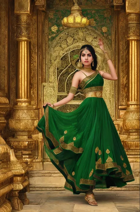 (masterpiece, best quality, realistic),
1girl, background, indian dress, dancing, intricate, dark green dress, gold, indian palace, india, indian person, banquet, crowd, picking up skirt, darker skin,
[slight smile],