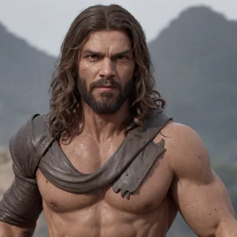 (Professional 3D rendering:1.3) de (Realistic:1.3) Foto de arte mais bonita do mundo，Features soft, bright male heroes, ((Epic hero fantasy rough muscular man wet hero angry look long hair short beard and fierce expression in dynamic pose, fantastic locati...