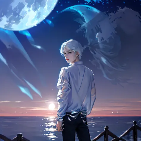 The background is appropriate for white, art style, lonely handsome boy of the moon, simple and atmospheric painting style, Exquisite HD, Rich in details, clear picture quality, arte de fundo, future, Mature atmosphere 8K exquisite white space art by the s...