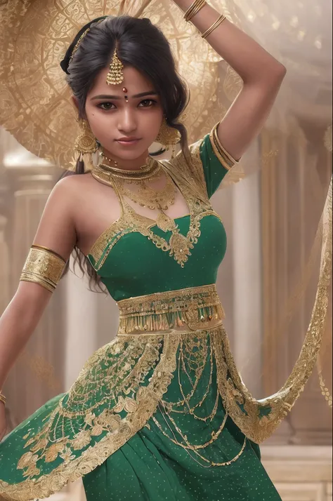 (masterpiece, best quality, realistic),
1girl, background, indian dress, dancing, intricate, dark green dress, gold, indian palace, india, indian person, banquet, crowd, picking up skirt, darker skin,
[slight smile],