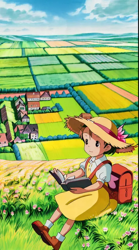 Sitting in an autumn wheat field，A super cute little girl reads a fairy tale book，Natural light，Fresh and light colors，blossoms，butterflys，Straw Hat Hat，book，bookbag，Super detailed picture，tmasterpiece，Masterpiece，Shooting from an elevation perspective