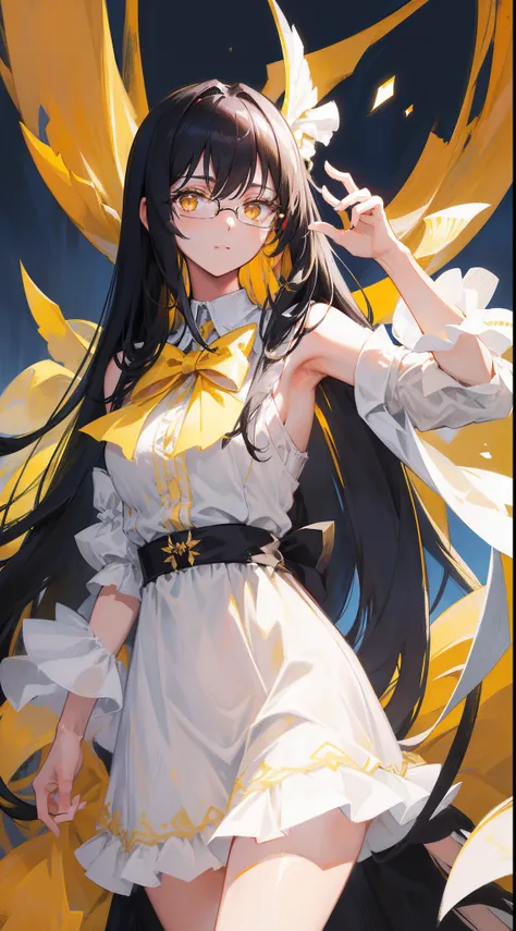 masterpiece, highlydetailed, ,{black hair} (long whitr hair)(Lateral hair)(Shawl hair)(hair straight)，(fleshy feeling)，(fleshy legs)，(glasses),(Yellow eyes),1girl, bare shoulders, bow, breasts, dress, grey background, head out of frame, long hair, solo, wh...