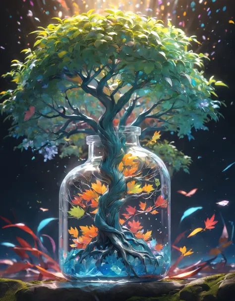 Dreamy art tree in bottle, fluffy, realistic, photo, canon, dreamy, art, colorful leaves and branches, flowers blooming on the head. Ultra-detailed photorealism by Greg Rutkowski - H 1024 W 804 | f1 6 lens mark 2:2 s 3555mm film grain: 1 lifelike high reso...