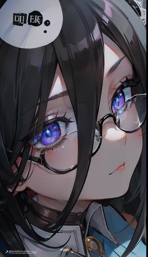 with dark hair and glasses，Powder-blue pupils，Clothes in black and white color，Vermilion threads interweave background，She is a very cunning royal sister goddess