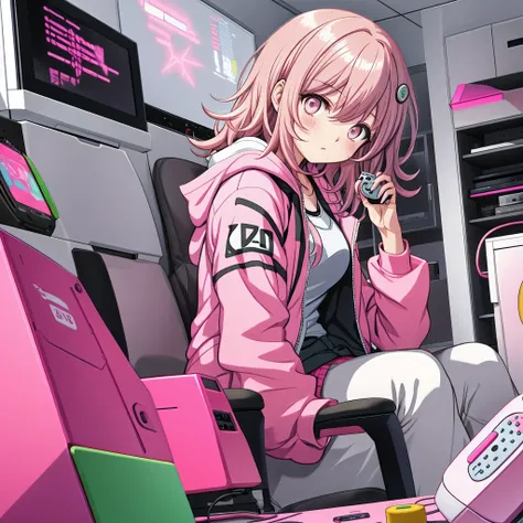 Cartoon girl with pink hair seriously playing pink game console, chiaki nanami from danganronpa