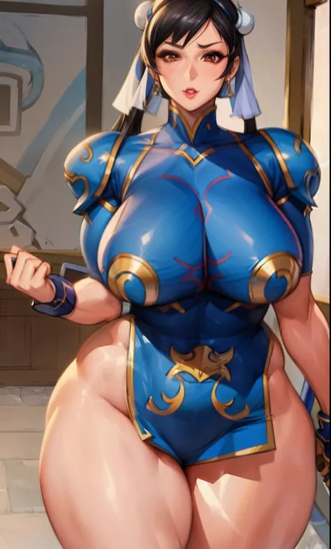 Close up portrait of woman in blue costume holding sword, chun li at the gym, chun li, Chun-li, chun - li, portrait of chun - li, Chic, portrait of chun li, from overwatch, mei from overwatch, oppai proportions, very detailed Artgerm, she has a jiggly fat ...