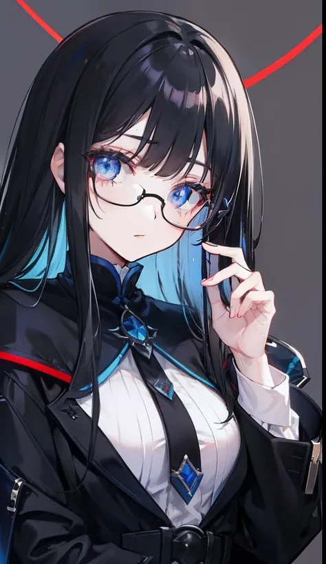 with dark hair and glasses，Powder-blue pupils，Clothes in black and white color，Vermilion threads interweave background，She is a very cunning royal sister goddess