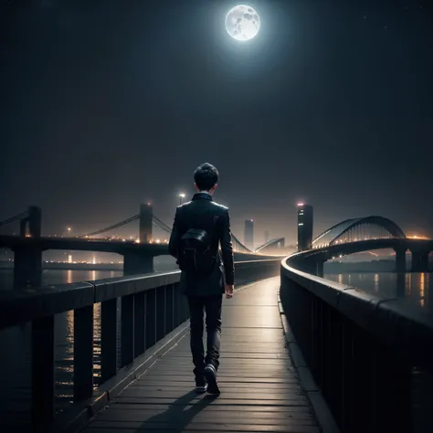 A boy walking on bridge of city ,most long bridge of  city ,alone boy walk slowly with full body back look ,black atmosphere ,night time ,lighting in the city ,with moonlight