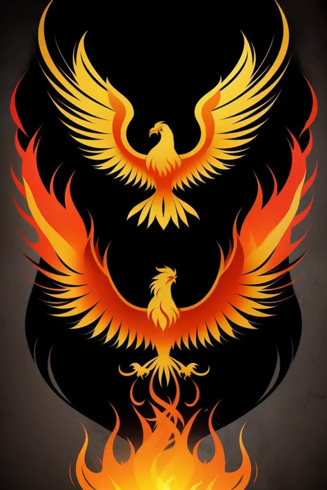 Create an image that represents the phoenix symbol in a stylized way, using the Stable Diffusion technique. The phoenix must be on the rise, com suas asas abertas de forma majestosa. The body of the phoenix should be a monochromatic silhouette, Conveying t...