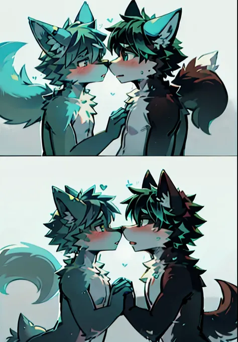 Wolf boy with dark green and teal fur， Wolf boy with white and black fur，The pupils are different，Rolled wolf ears ，Look at each other，Love，adolable，Q version，A high resolution，Bathe together，forcibly kissed，Wrap the tail，Meticulous facial expressions