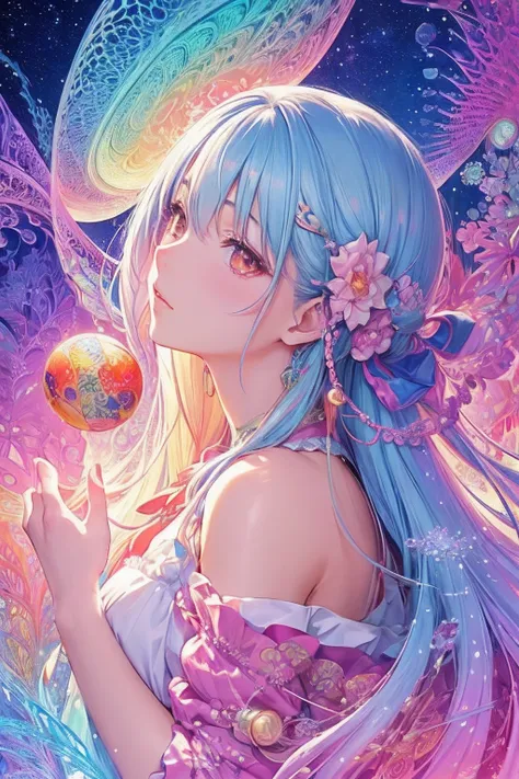 (masutepiece, of the highest quality, Best Quality, Official art, Beautiful and aesthetic:1.2), (1girl in), ighly detailed,(Fractal Art:1.3),Colorful,highest details, pastel, Luminous, blazing, Pearlescent, Irridescent color, Sun, Moon、musical note、music