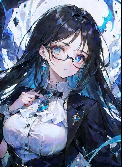 with dark hair and glasses，Powder-blue pupils，Clothes in black and white color，Vermilion threads interweave background，She is a very cunning royal sister goddess