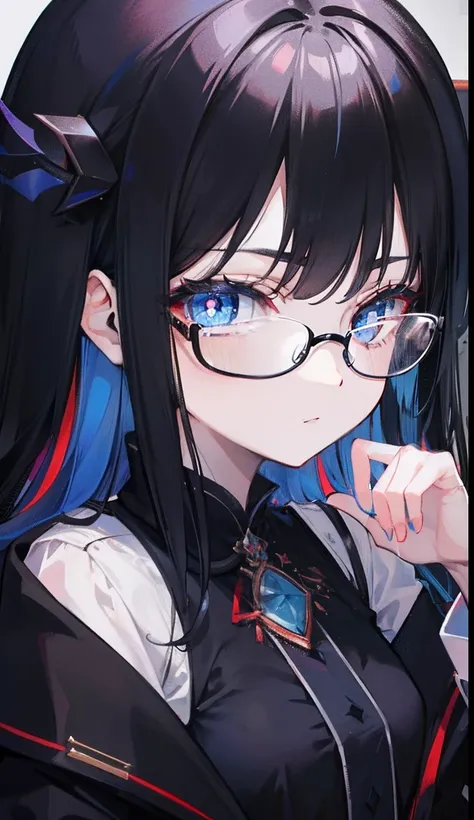 with dark hair and glasses，Powder-blue pupils，Clothes in black and white color，Vermilion threads interweave background，She is a very cunning royal sister goddess